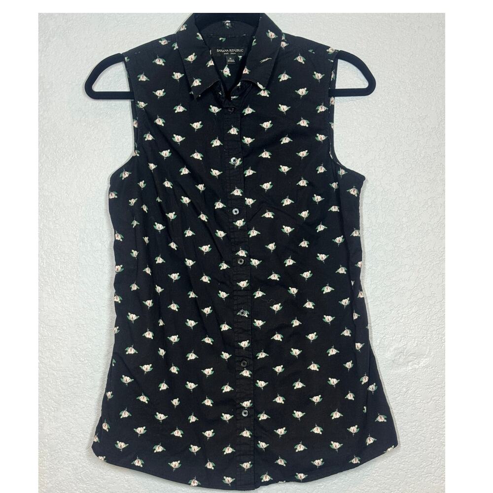 Banana Republic Riley tank, black floral print, preppy, resort, cotton sz 8